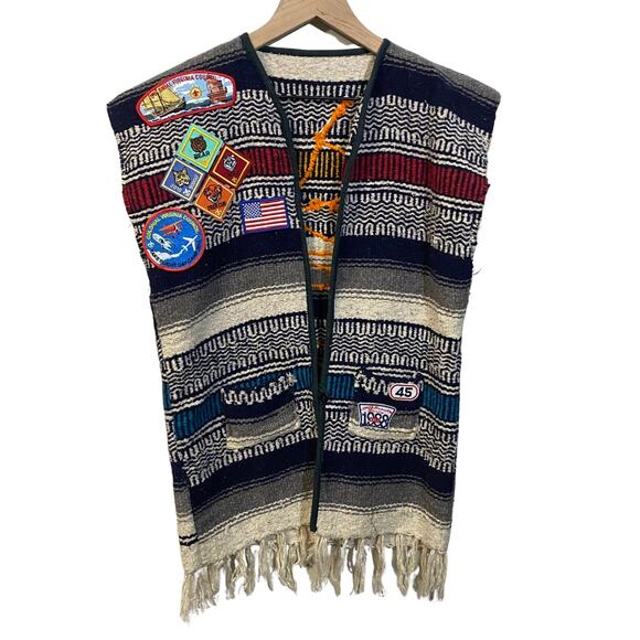 Mexican Baja Serape Fringe Blanket Vest Upcycled Boyscout Patches Virginia M - Picture 1 of 10